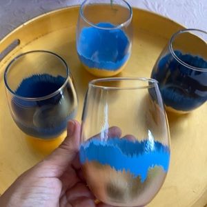 4 Gold leaf painted stemless wine glasses